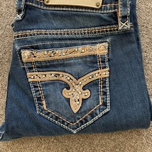 Rock Revival Blue Boot Cut Jeans with Decorative Embroidery